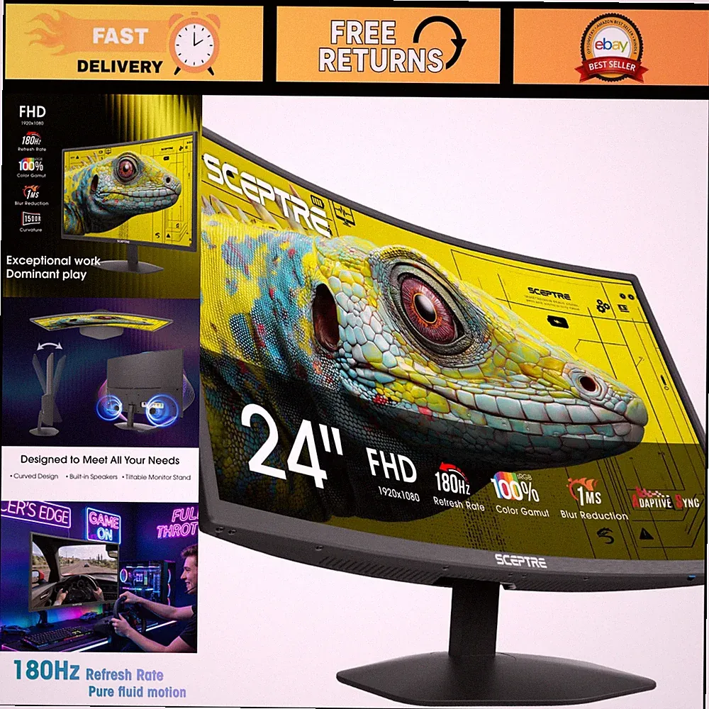 Curved 24" Gaming Monitor 1080p 1500R 1ms 180Hz DisplayPort HDMI Built-in Speake