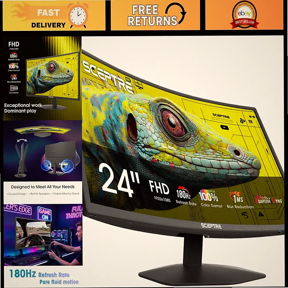 Curved 24" Gaming Monitor 1080p 1500R 1ms 180Hz Dual HDMI DisplayPort Built-in S