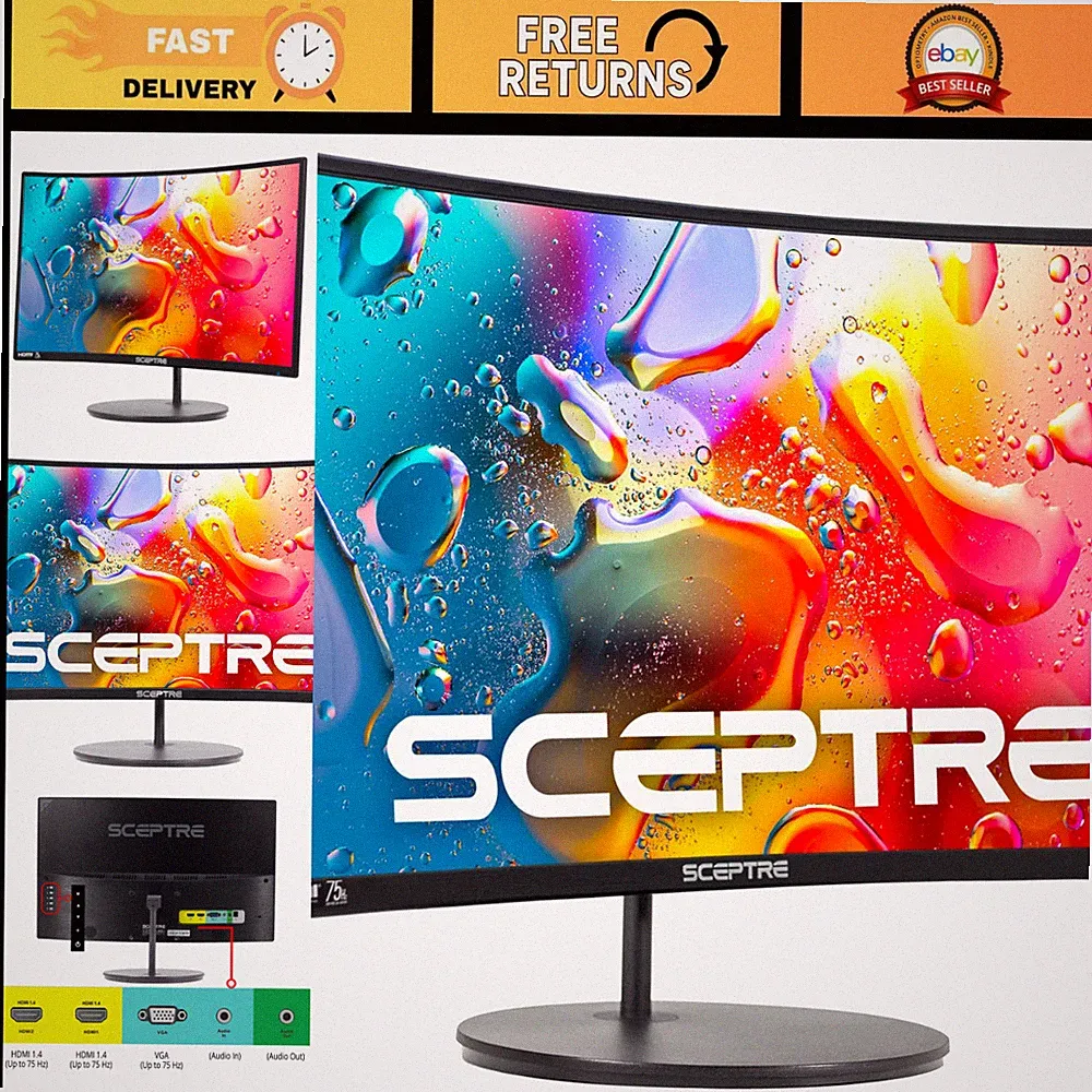Curved 24" Gaming Monitor 1080p R1500, 98% sRGB, HDMI x2, VGA, Built-in Speakers