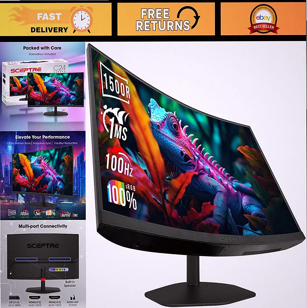 Curved 24" Gaming Monitor 1ms 100Hz 1500R DisplayPort HDMI Eye Care Built-in Spe