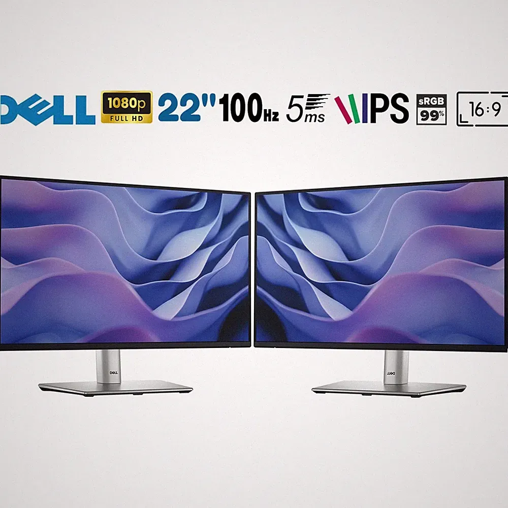 Dell 22" Full HD 100Hz 16:9 IPS Monitor Black and Silver 2 Pack with HDMI Cable