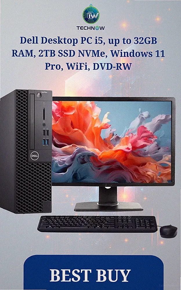 Dell Desktop PC i5, up to 32GB RAM, 2TB SSD NVMe, Windows 11 Pro, WiFi, DVD-RW