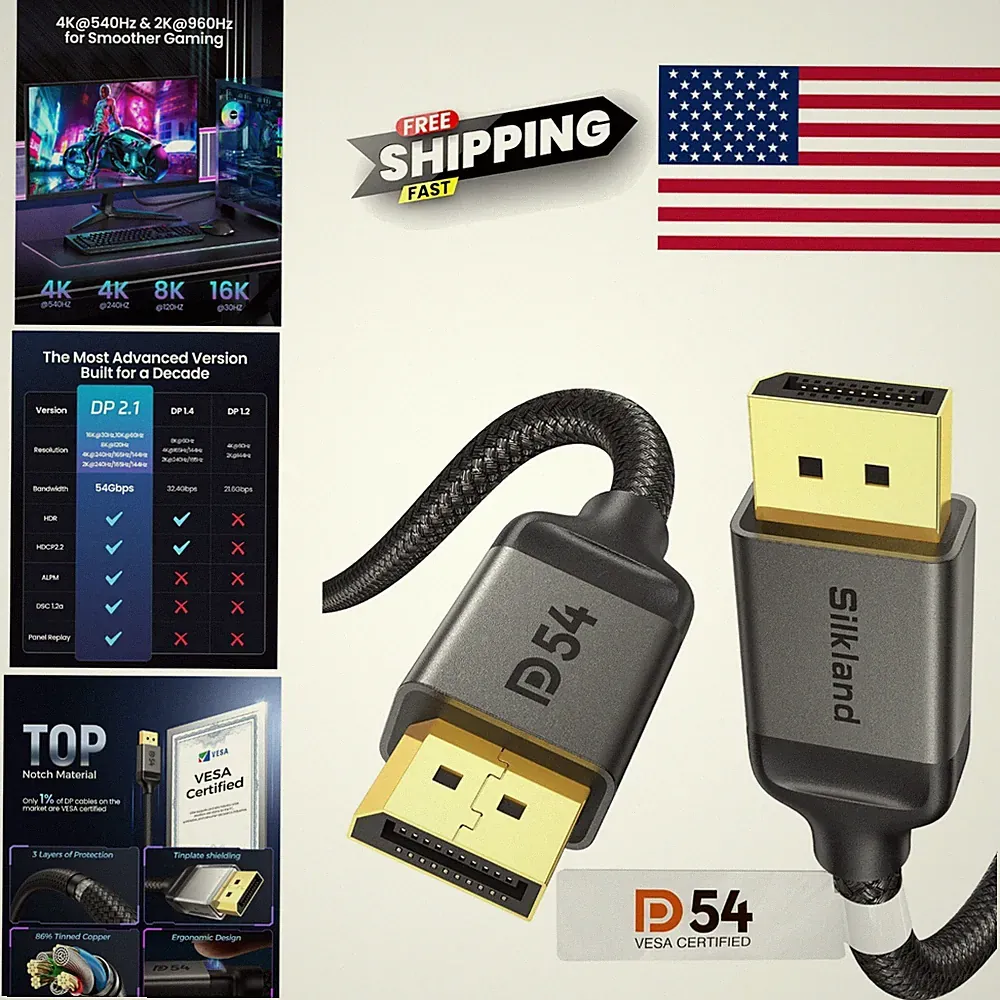 DisplayPort 2.1 Cable 6.6 Feet Male to Male VESA Certified for High Res Gaming