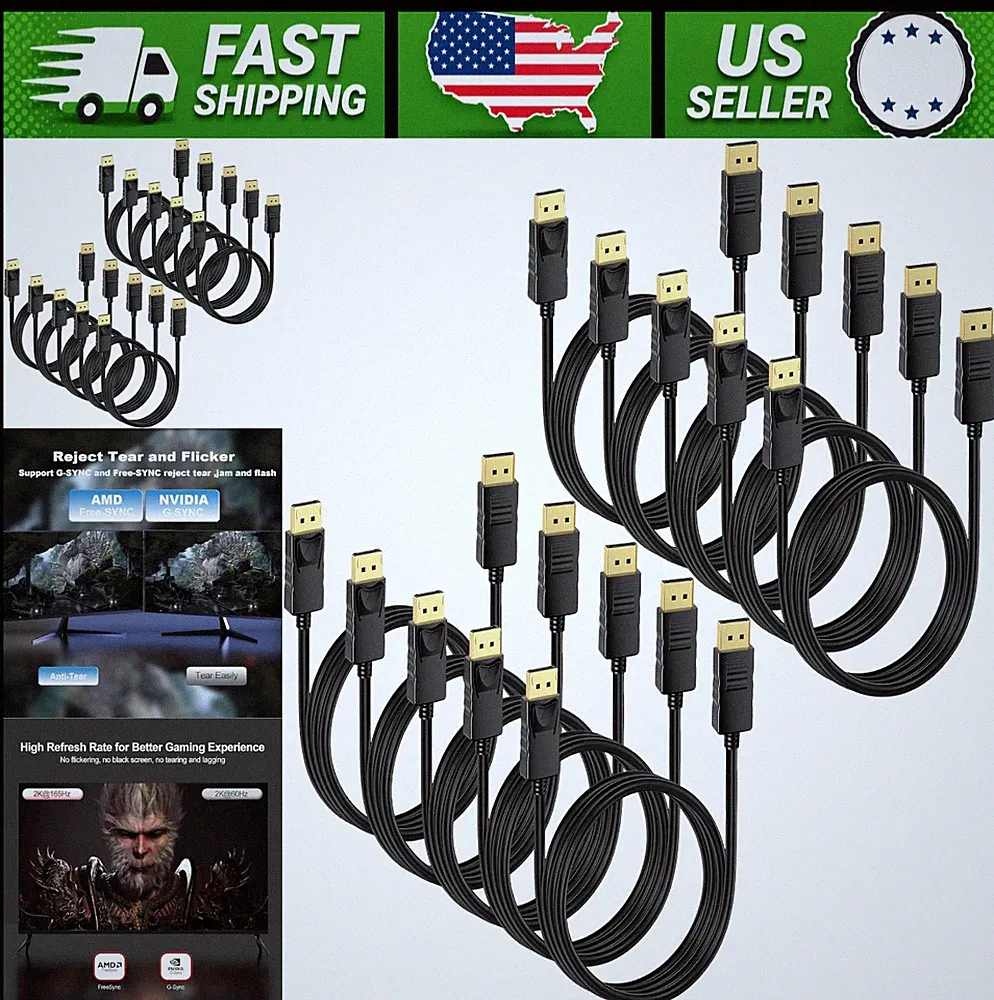 DisplayPort Cable 10-Pack 6ft 4K 60Hz for Gaming Monitor PC Laptop