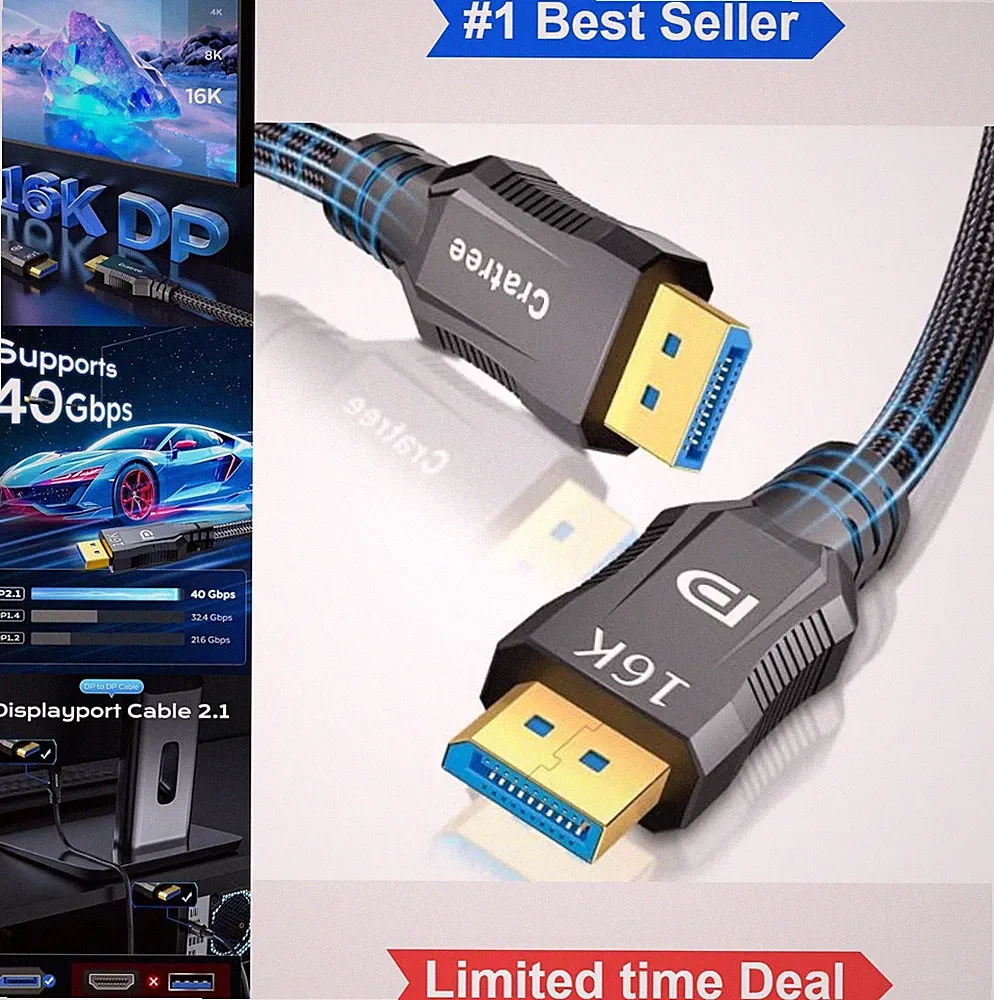DisplayPort Cable 3 ft 16K 40Gbps Braided Cord 8K 120Hz 4K 240Hz Gaming Monitor