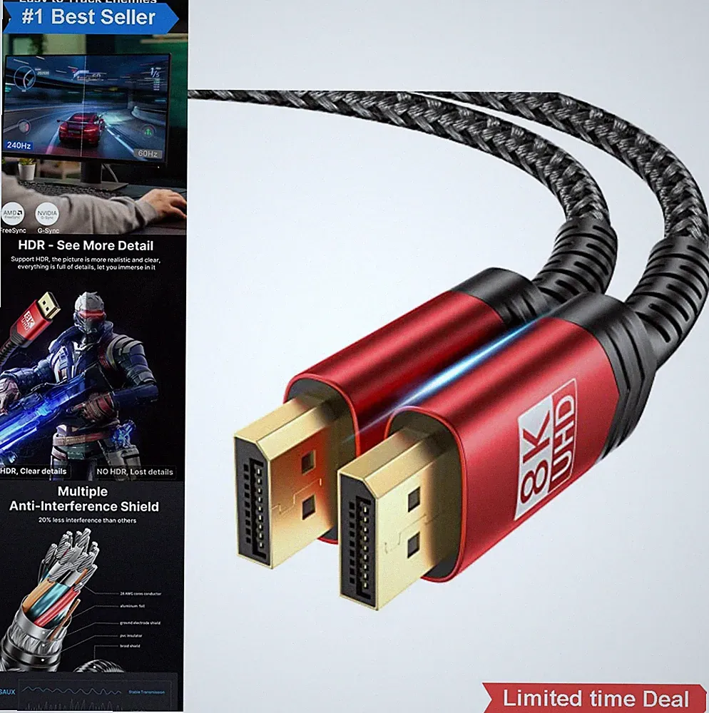 DisplayPort Cable 6.6ft 8K 240Hz DP 1.4 Braided Nylon Red Gaming Monitor Laptop