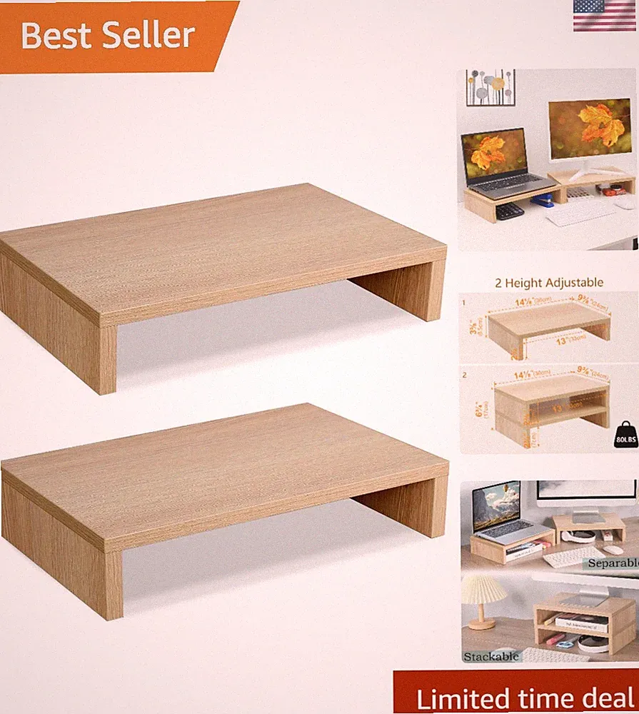 Dual Adjustable Wood Monitor Stand Riser - Stylish & Ergonomic Tech Solution
