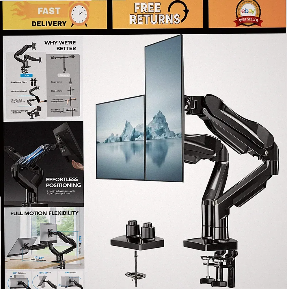 Dual Monitor Stand - Fully Adjustable Gaming Desk Mount for 13-30” Screens, VESA