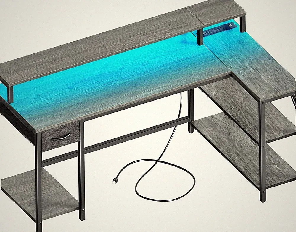 Dual-Use L Shaped Desk with LED Lighting & Storage for Office or Gaming - Grey