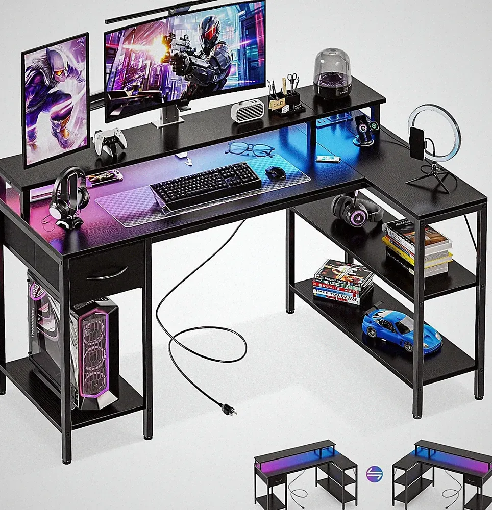 DUMOS 47"/53" L Shaped Gaming Desk w/LED Light&Monitor Stand Shelf&Power Outlets
