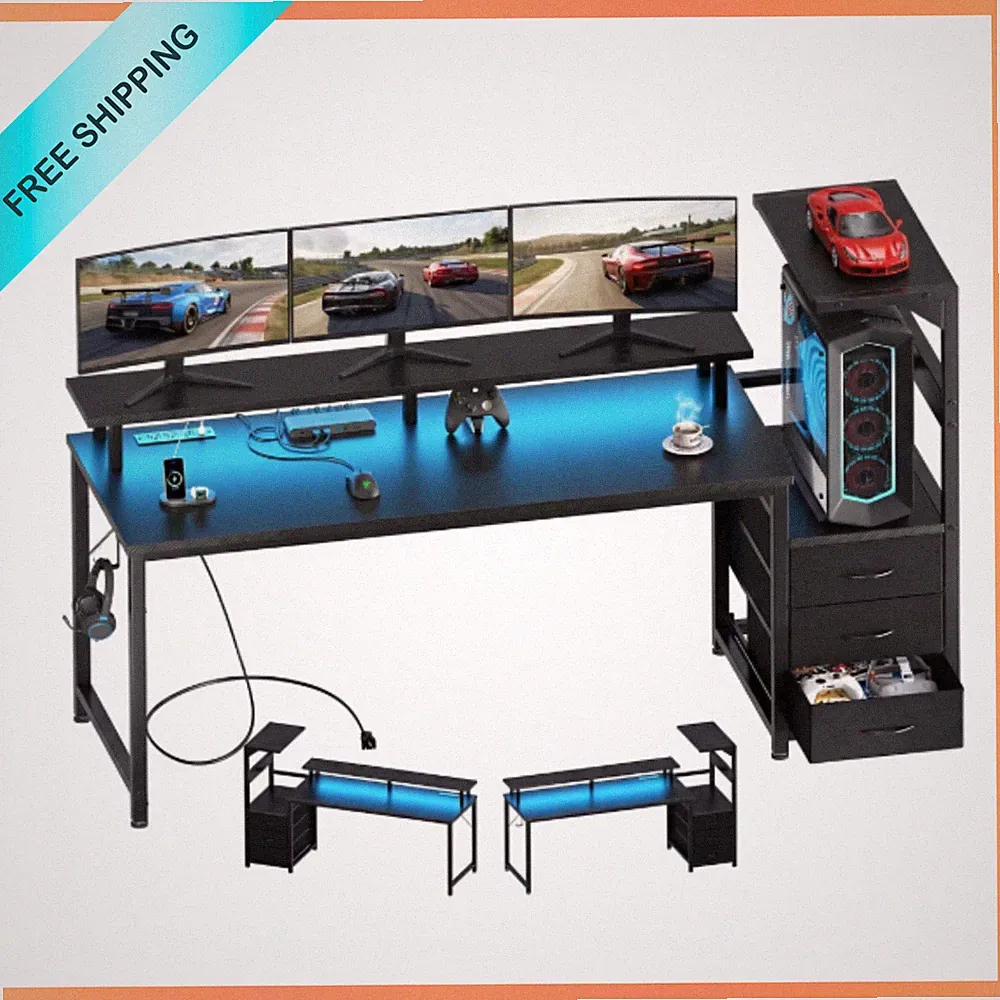EDX 59 Inch Gaming Desk RGB LED 3 AC Outlets USB Monitor Stand 3 Drawers Black