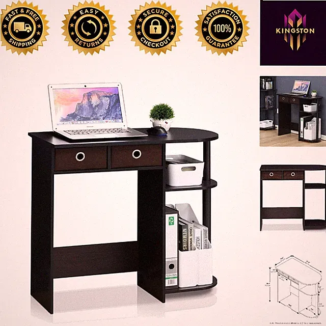 Elegant 31.5" Dark Walnut Compact Gaming Desk with Side Shelves & Storage