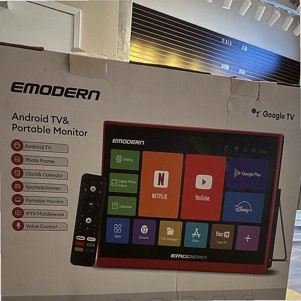 EMODERN Android TV & Portable Monitor 14.1in TFT-LCD Touch Wi-Fi HDMI Speakers