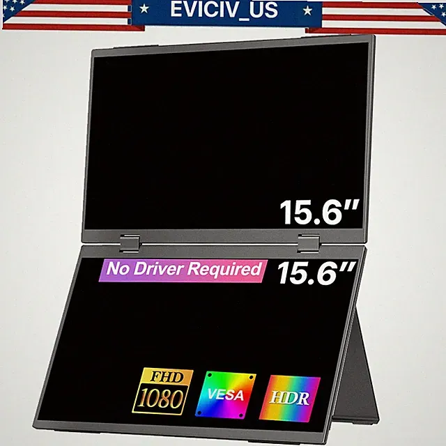 EVICIV 15.6" Folding Monitor Dual Portable Display 1080P Bult-in Stand & VESA US