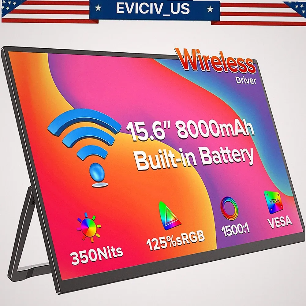 EVICIV 15.6'' Wireless 100%s RGB Portable Monitor USB C HDMI Screen For PC PS5 B