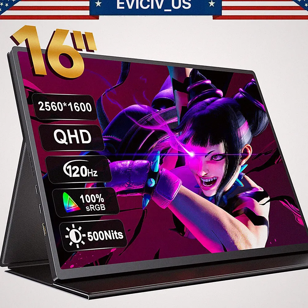 EVICIV 16" 120Hz Portable Monitor USB C Second Screen for PC Phone Game Console