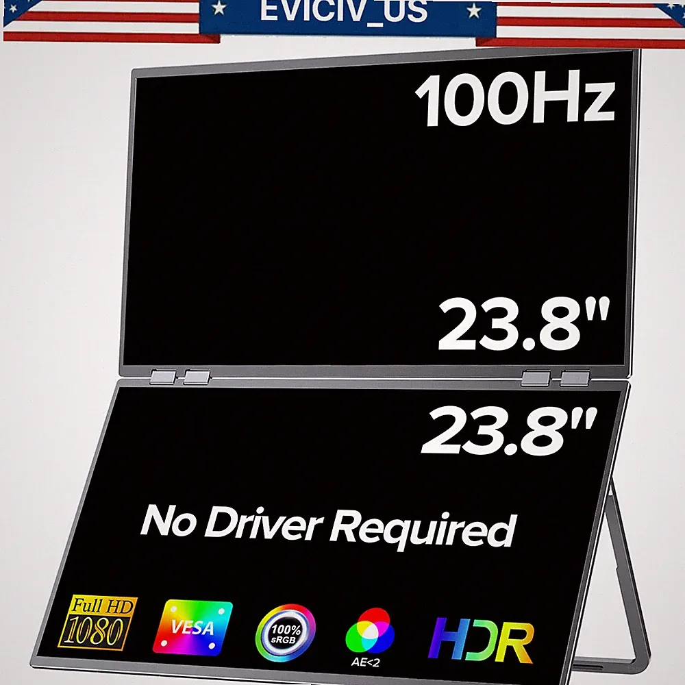 EVICIV FHD 100Hz Dual Monitor 23.8" 1080P Portable Monitor IPS Screen for PC PS5