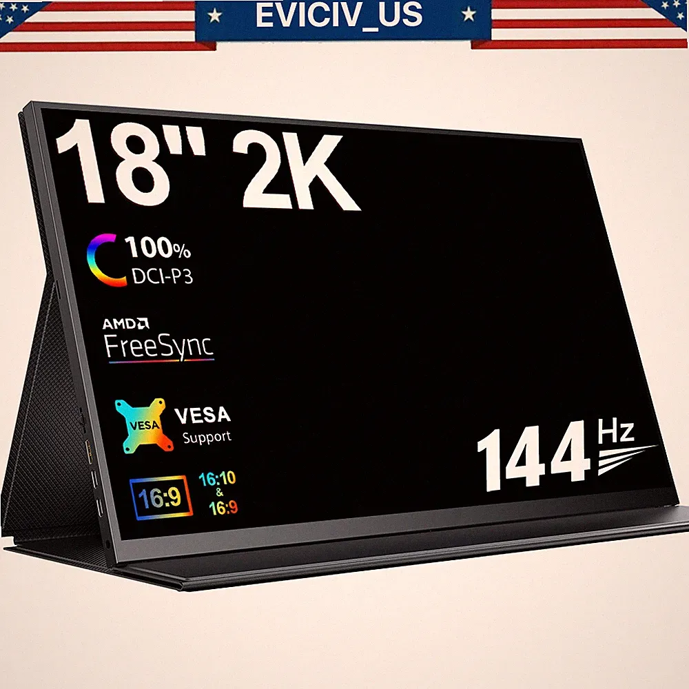 EVICIV Portable Monitor, 18" 2K 144Hz USB C HDMI 100% sRGB Wall Mount For PC PS5