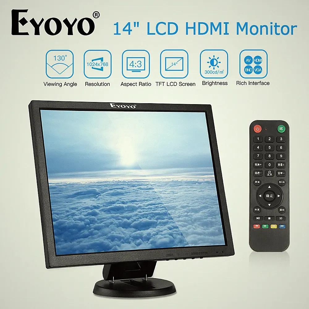 Eyoyo 14" LCD Monitor 1024x768 HDMI/VGA/BNC 4:3 CCTV Security Screen PC Monitor