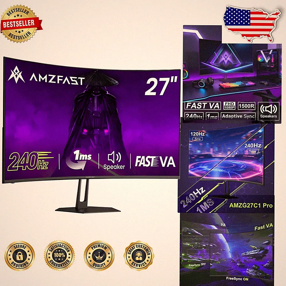 Fast 27" Curved VA Gaming Monitor 240Hz 1ms MPRT FHD 130% sRGB Upgraded Speakers