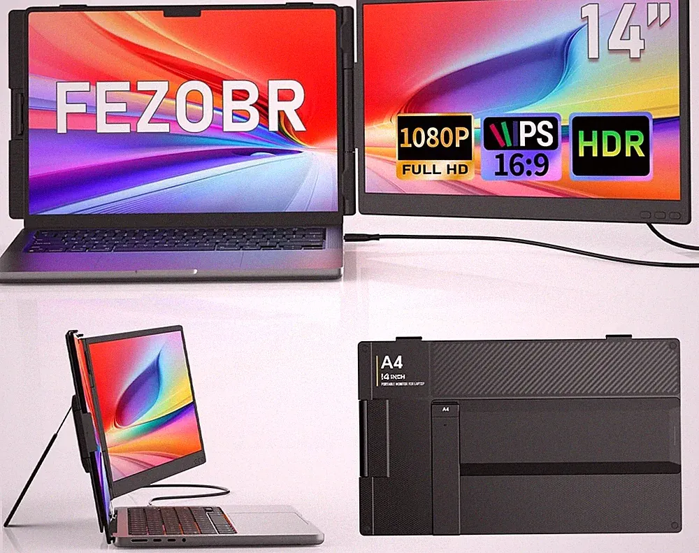 FEZOBR A4 14in Portable Monitor 1080P FHD IPS 60Hz USB-C HDMI Laptop Extender