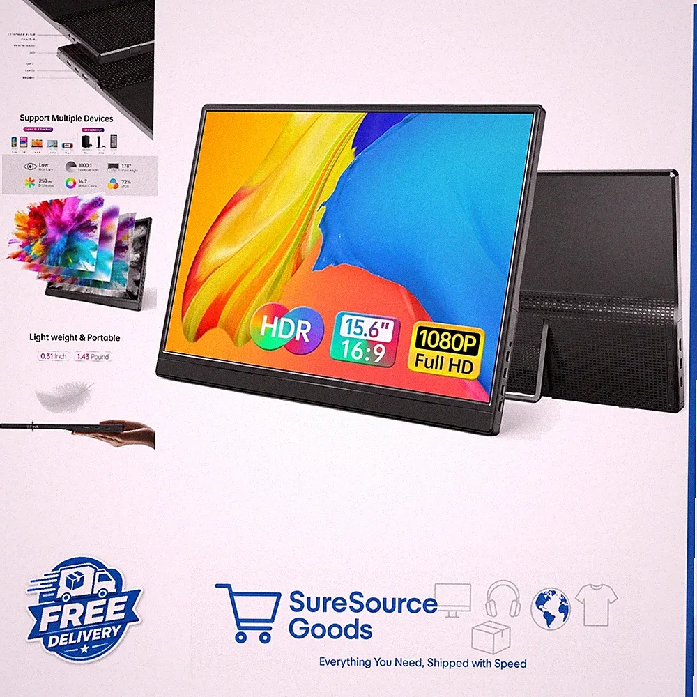 FHD 15.6" Portable Monitor with Dual Speakers USB-C HDMI for Gaming & Work
