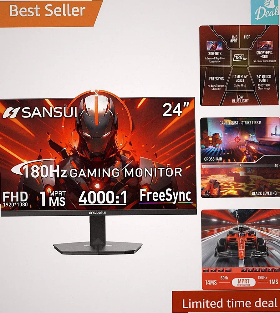 FHD 24 Inch Gaming Monitor - Ultra-Smooth 180Hz 1ms Response, HDMI Included