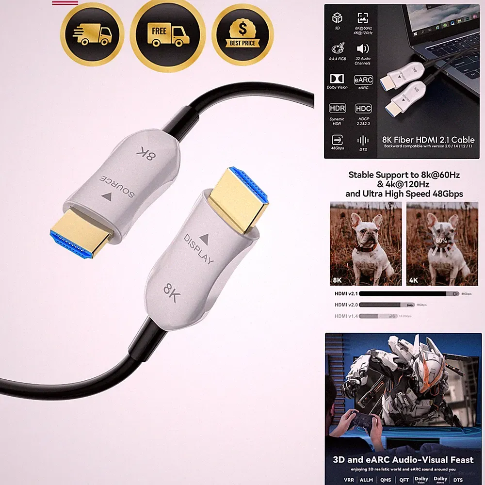 Fiber Optic HDMI 2.1 Cable 8K 4K 3.3ft High Speed Slim for Gaming TV Monitor