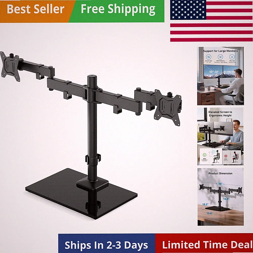 Freestanding Dual Monitor Stand, 32 Inch Dual Monitor Mount for 2 Screens, Ho...