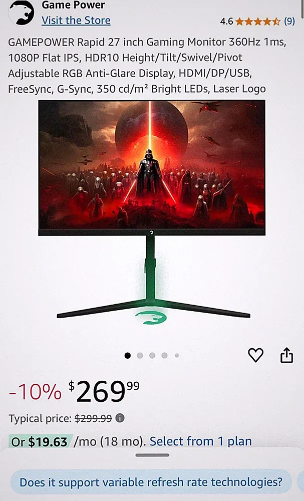 GAMEPOWER Rapid 27 inch Gaming Monitor 360Hz 1ms, 1080P Flat IPS