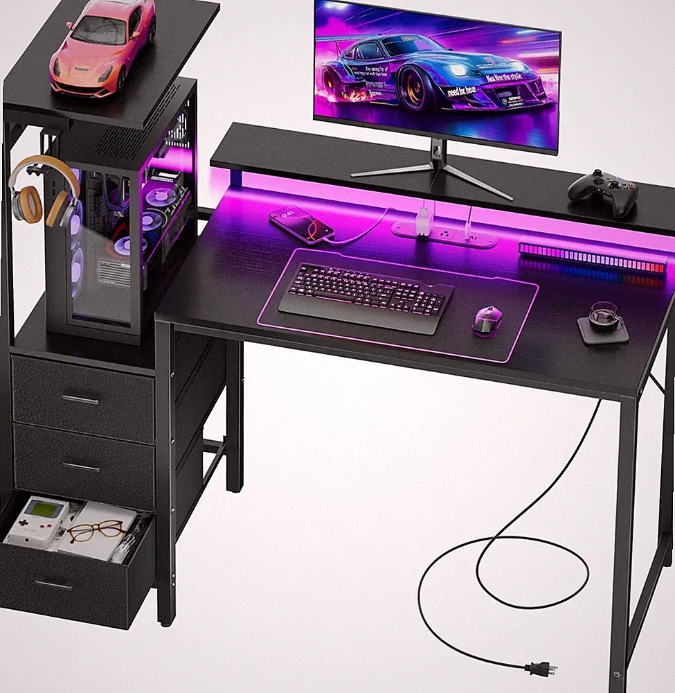 Gaming Computer Desk with Led Lights & Outlets, Gamer Desk with 3 Drawers