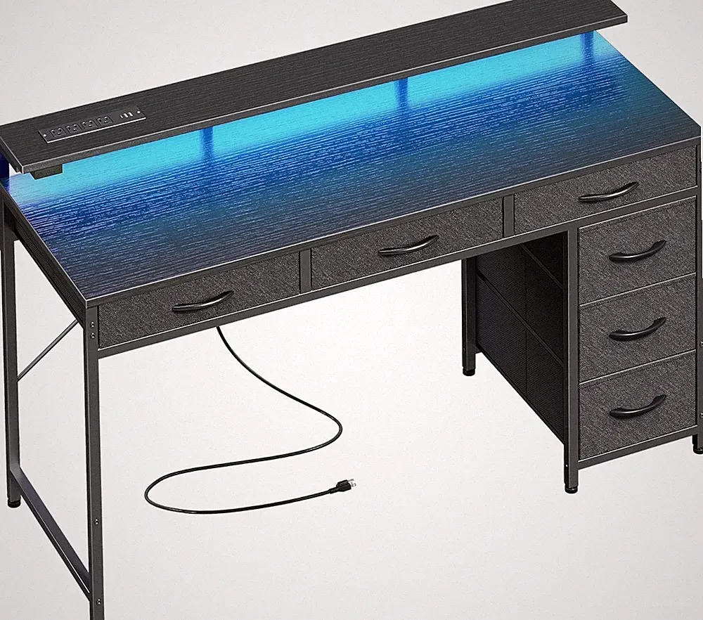 Gaming Computer Desk With Storage Drawers Monitor Stand And LED Lighting - BLACK