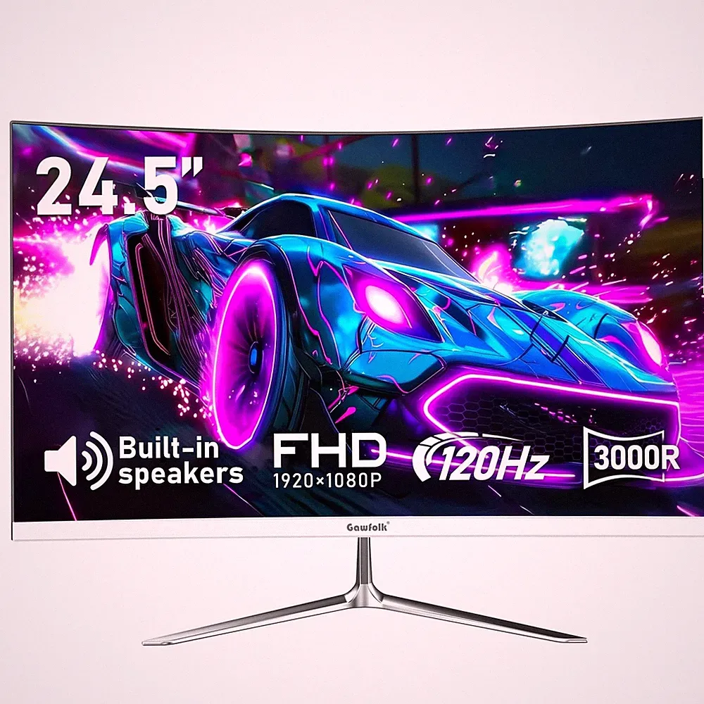 Gaming Curved Monitor 24.5 Inch 1080P 120Hz Built in Speakers White Gawfolk Full