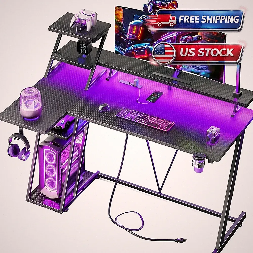 Gaming Desk 40 Inch Computer Desk with Power Outlet LED Light Modern Black