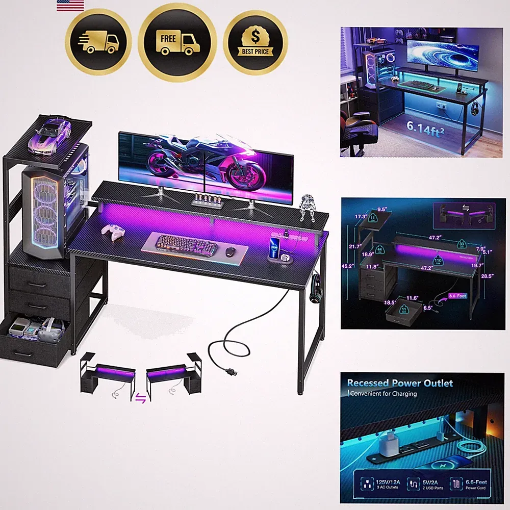 Gaming Desk 59 Inch with USB Ports LED Lights Storage Shelves Monitor Stand M...