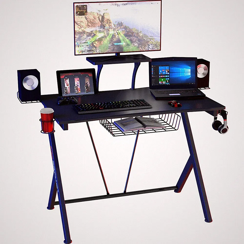 Gaming Desk Computer Desk PC Workstation w/Headphone Hook & Cup Holder Black
