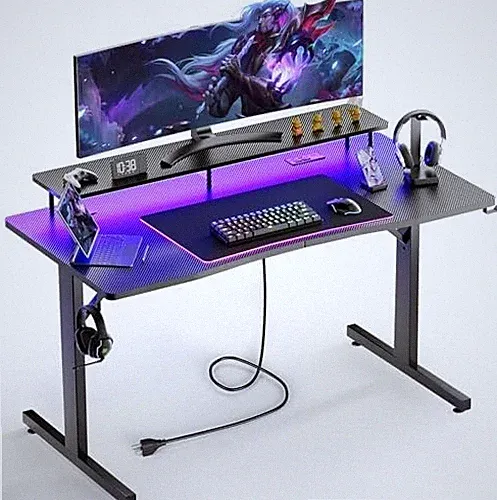 Gaming Desk w/ Monitor Stand LED Computer Desk Gamer Workstation Home Office
