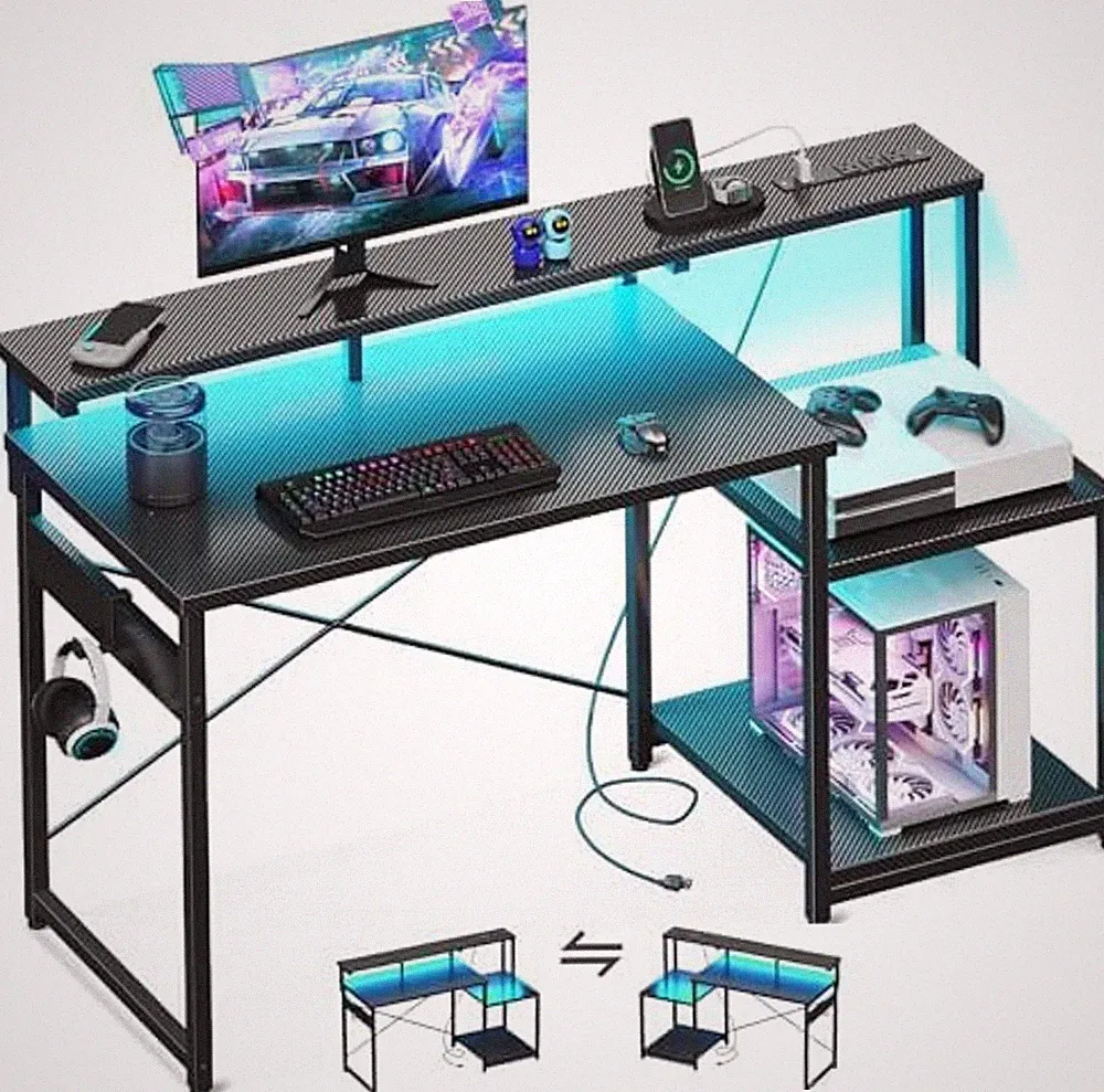 Gaming Desk w/ Monitor Stand LED Computer Desk Gamer Workstation Home OfficeGami