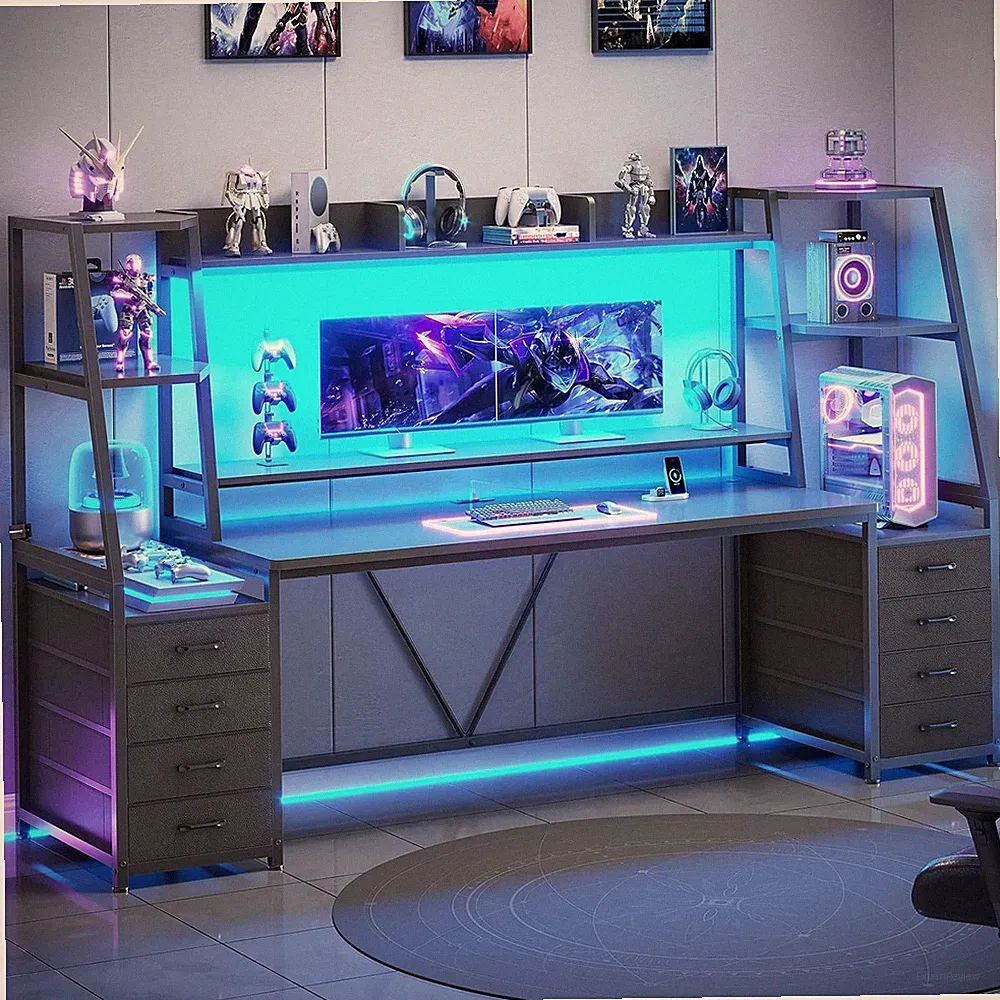 Gaming Desk with LED Lights, 8 Drawers and Storage Shelves, Large PC Gamer Desk
