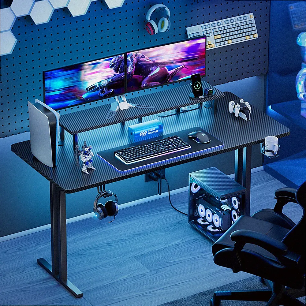 Gaming Desk with LED Lights & Monitor Stand, Computer Desk with Power Outlets