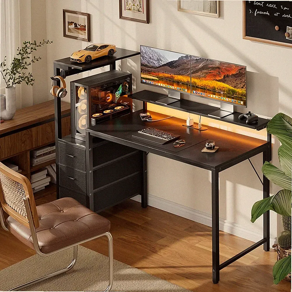 Gaming Desk with Led Lights & Outlets, Computer Desk with 3 Drawers & Shelves