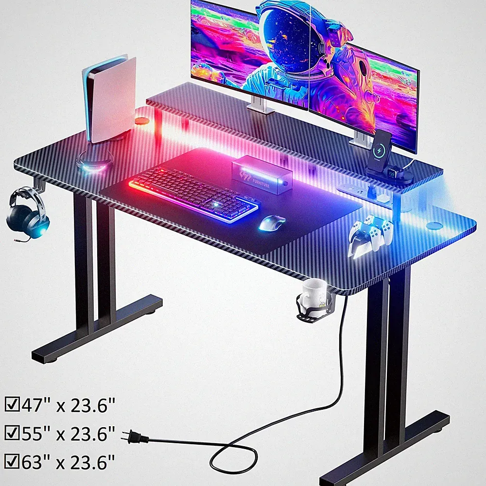 Gaming Desk with LED Lights & Power Outlets, Gamer Desk with Monitor Stand