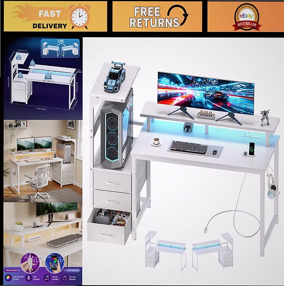 Gaming Desk with LED Lights, Storage Drawers & Shelves, Dual Monitor Setup, Whit
