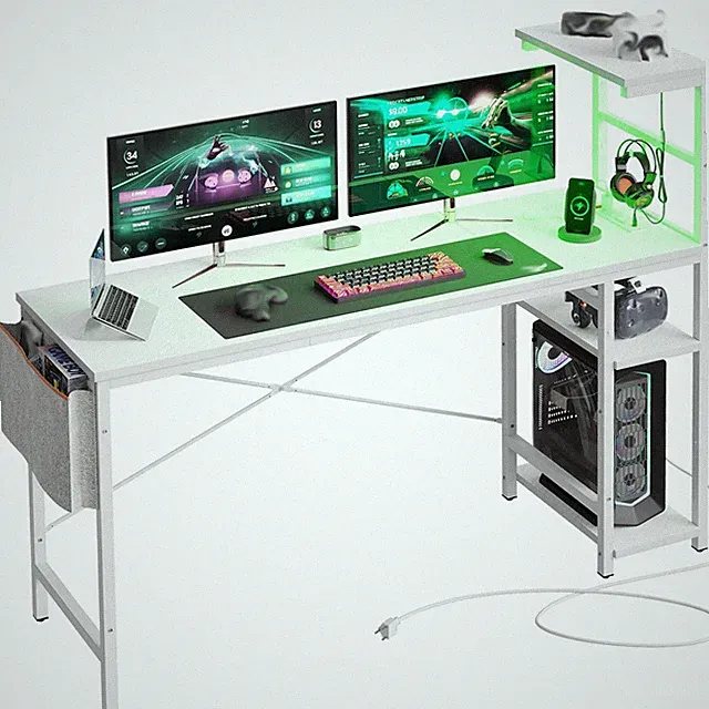 Gaming Desk with Power Outlets, 61 Inch Large Led Gamer Desk with 4 Tiers Revers