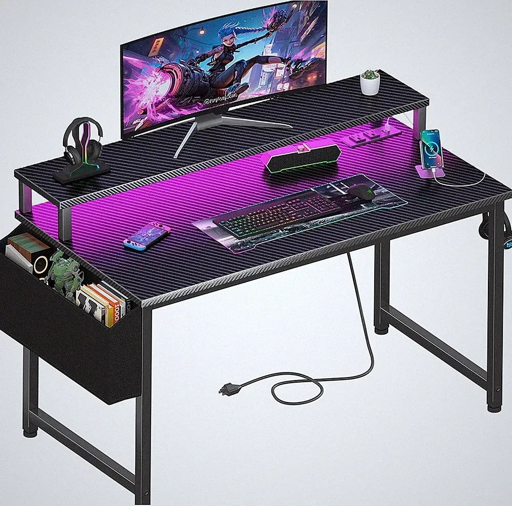 Gaming Desk with Power Outlets and LED Lights, 40 Inch Gamer Desk Table with Cha