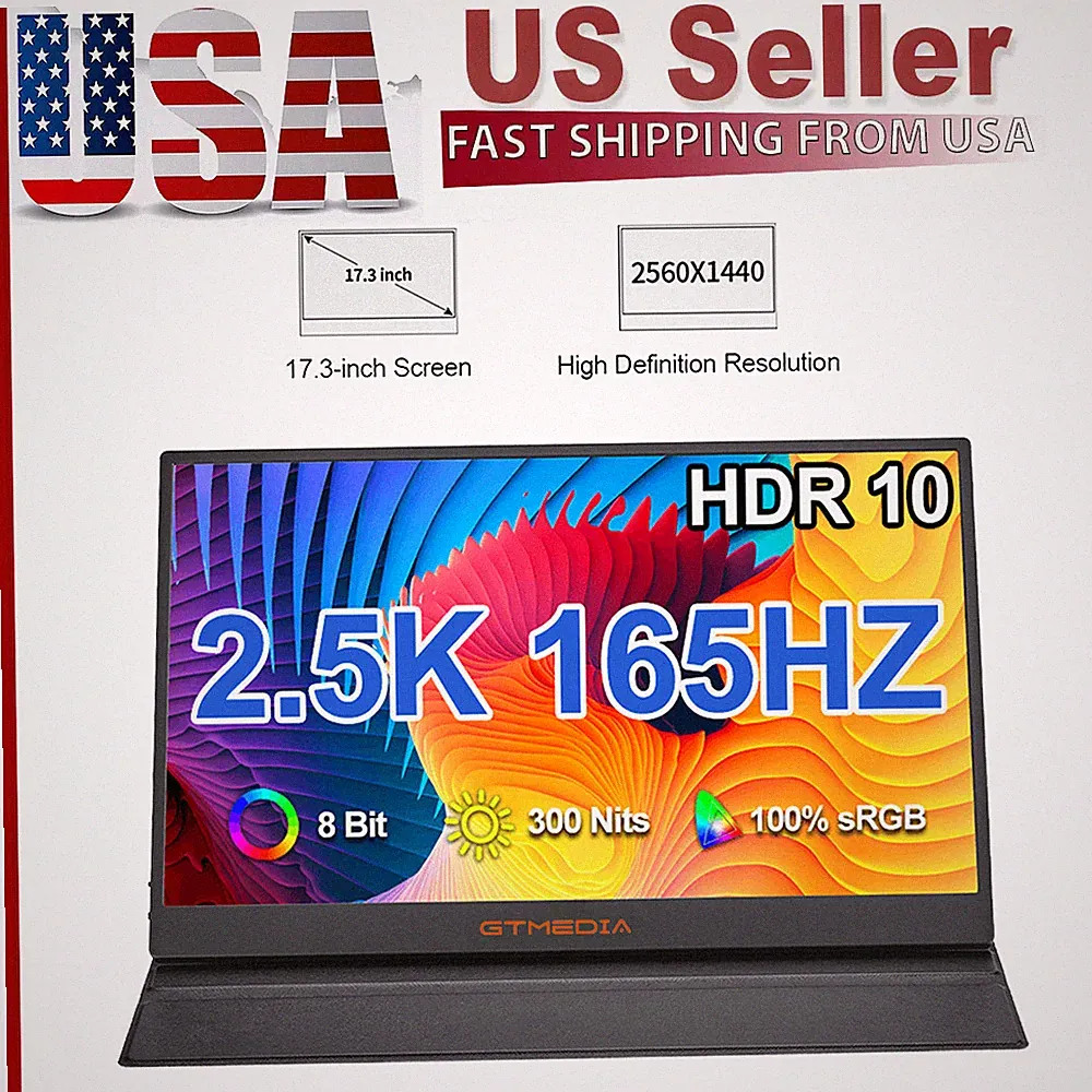 Gaming Monitor 165Hz 17.3 inch Portable Screen 2.5K USB-C HDMI with Smart Cover