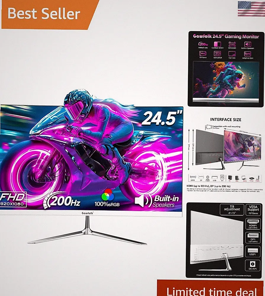 Gaming Monitor 24.5 Inch 200Hz Built-in Speakers, 180hz PC Monitor FHD 1080P...