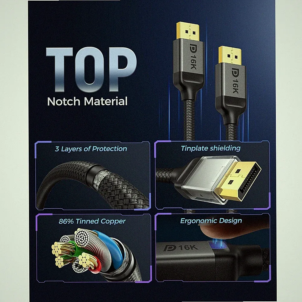 Gaming Monitor DP 2.1 Cable 20FT, FreeSync G-Sync Compatible