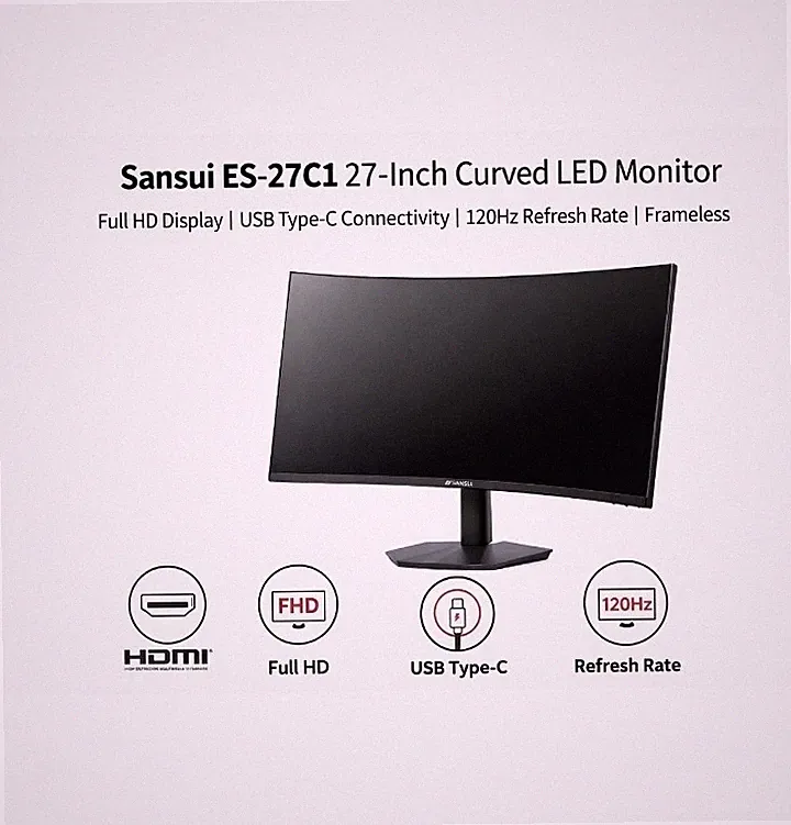 Gaming Sansui ES-27C1 27" Curved LED Monitor FHD 120Hz USB-C HDMI Frameless