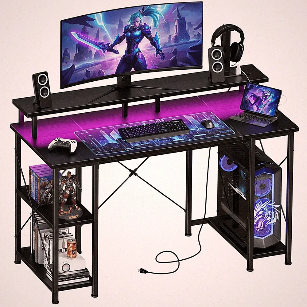 Gaming Table Home Office Computer Desk w/LED Lights,Power Outlet,Monitor Stand
